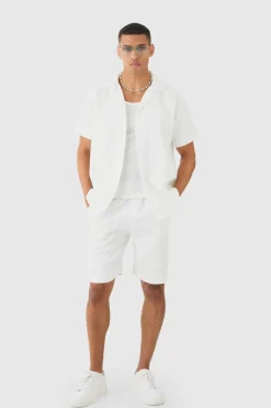 Online boohooMAN Oversized Short Sleeve Pleated Shirt And Short white