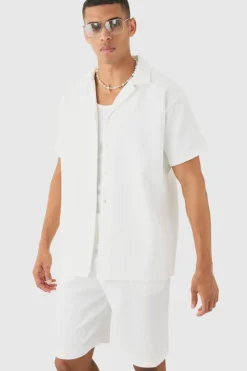 Online boohooMAN Oversized Short Sleeve Pleated Shirt And Short white