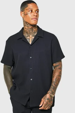 Outlet boohooMAN Oversized Short Sleeve Pleated Shirt And Short black
