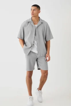 Fashion boohooMAN Oversized Short Sleeve Pleated Shirt And Short Set grey