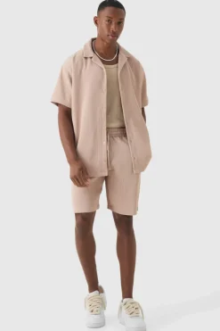 Store boohooMAN Oversized Short Sleeve Pleated Shirt And Short taupe