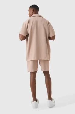Store boohooMAN Oversized Short Sleeve Pleated Shirt And Short taupe