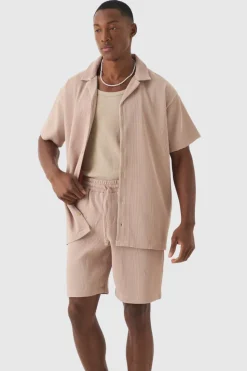 Store boohooMAN Oversized Short Sleeve Pleated Shirt And Short taupe