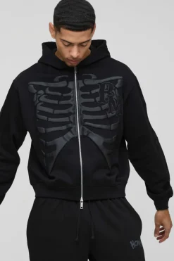 Best boohooMAN Oversized Skeleton Puff Print Zip Through Hoodie black