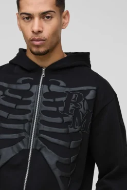Best boohooMAN Oversized Skeleton Puff Print Zip Through Hoodie black