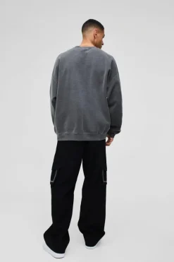 Sale boohooMAN Oversized Sky Box Graphic Washed Sweatshirt charcoal