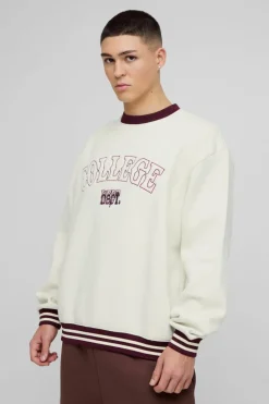 Fashion boohooMAN Oversized Slogan Varsity 3D Embroidery Crew Neck Sweatshirt ecru