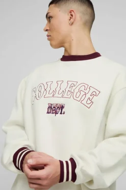 Fashion boohooMAN Oversized Slogan Varsity 3D Embroidery Crew Neck Sweatshirt ecru