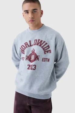 Cheap boohooMAN Oversized Slogan Varsity Print Crew Neck Sweatshirt grey marl