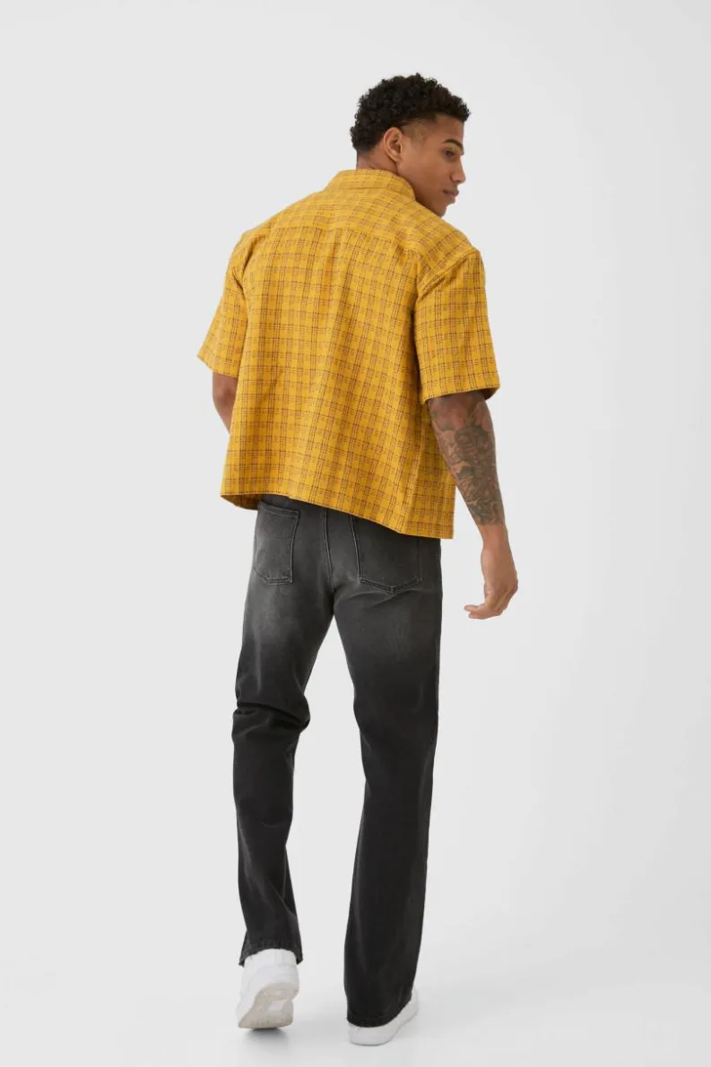 Shop boohooMAN Oversized Small Check Double Pocket Boxy Shirt yellow