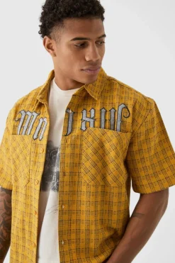 Shop boohooMAN Oversized Small Check Double Pocket Boxy Shirt yellow