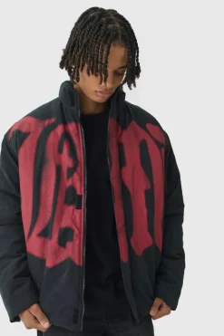 New boohooMAN Oversized Spray M Print Funnel Neck Puffer Jacket In black