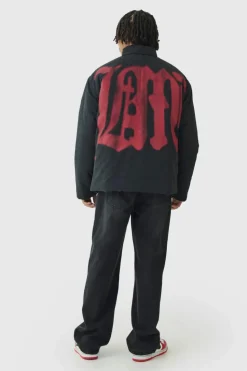 New boohooMAN Oversized Spray M Print Funnel Neck Puffer Jacket In black