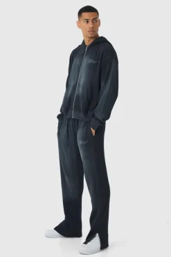 Shop boohooMAN Oversized Spray Wash Heavy Waffle Embroidered Zip Through Hooded Tracksuit black