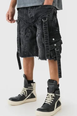 Store boohooMAN Oversized Strap And Buckle Detail Denim Jorts washed black