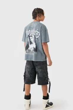 Store boohooMAN Oversized Strap And Buckle Detail Denim Jorts washed black