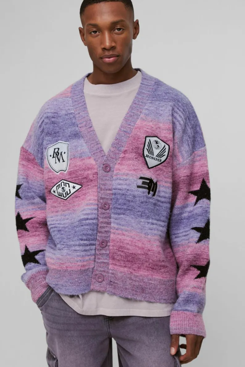 Cheap boohooMAN Oversized Stripe Brushed Moto Knitted Cardigan pink