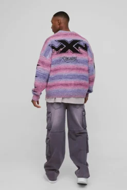 Cheap boohooMAN Oversized Stripe Brushed Moto Knitted Cardigan pink