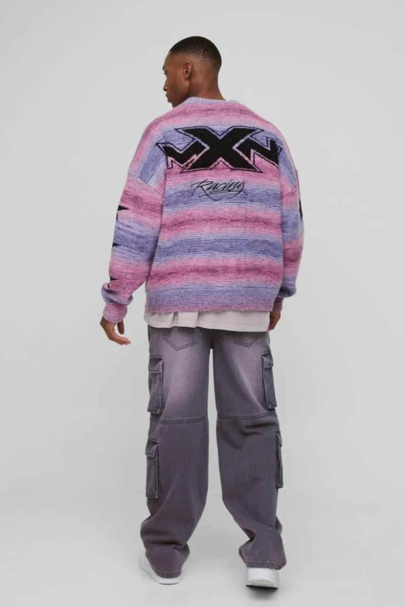 Cheap boohooMAN Oversized Stripe Brushed Moto Knitted Cardigan pink