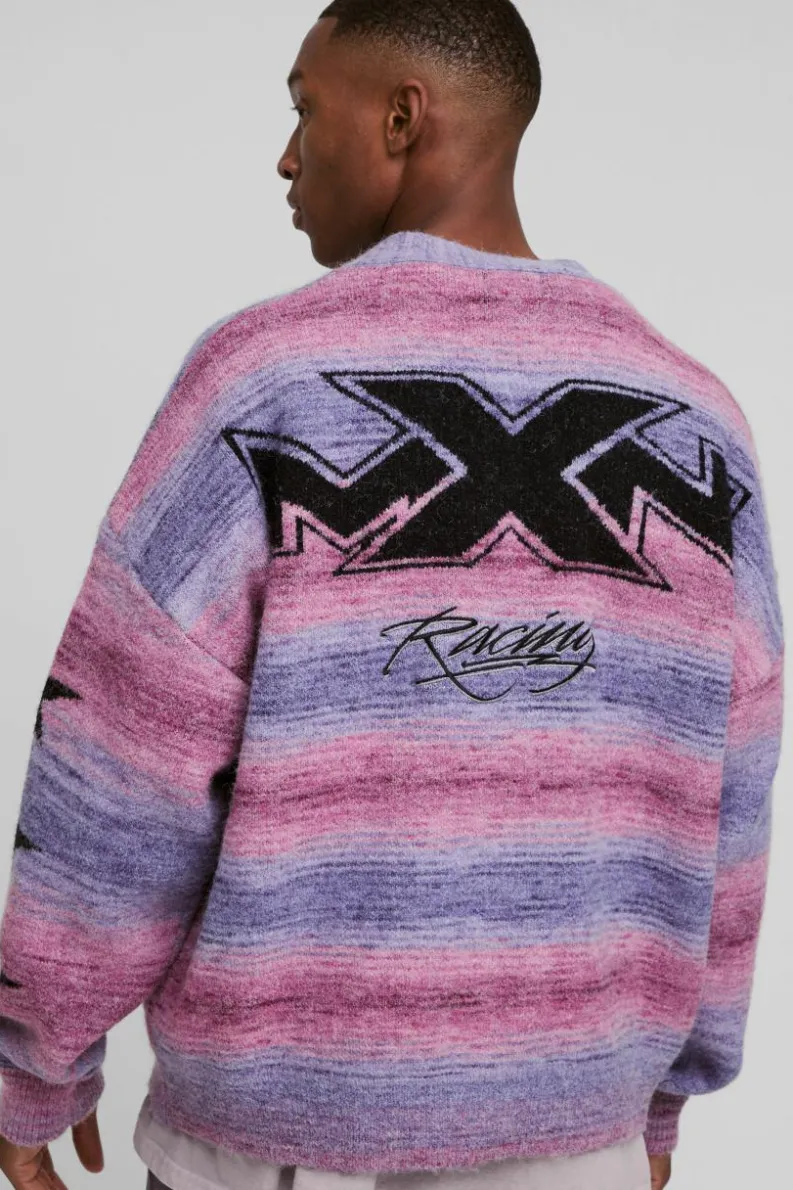 Cheap boohooMAN Oversized Stripe Brushed Moto Knitted Cardigan pink