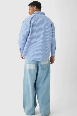 Outlet boohooMAN Oversized Striped Long Sleeve Shirt In blue