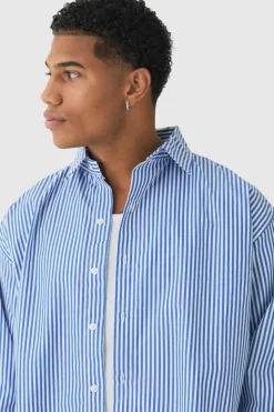 Outlet boohooMAN Oversized Striped Long Sleeve Shirt In blue