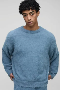 Best boohooMAN Oversized Super Fluffy Knitted Jumper slate blue