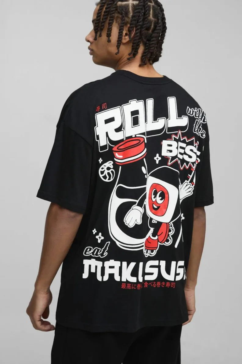 Sale boohooMAN Oversized Sushi Cartoon Print T-Shirt black