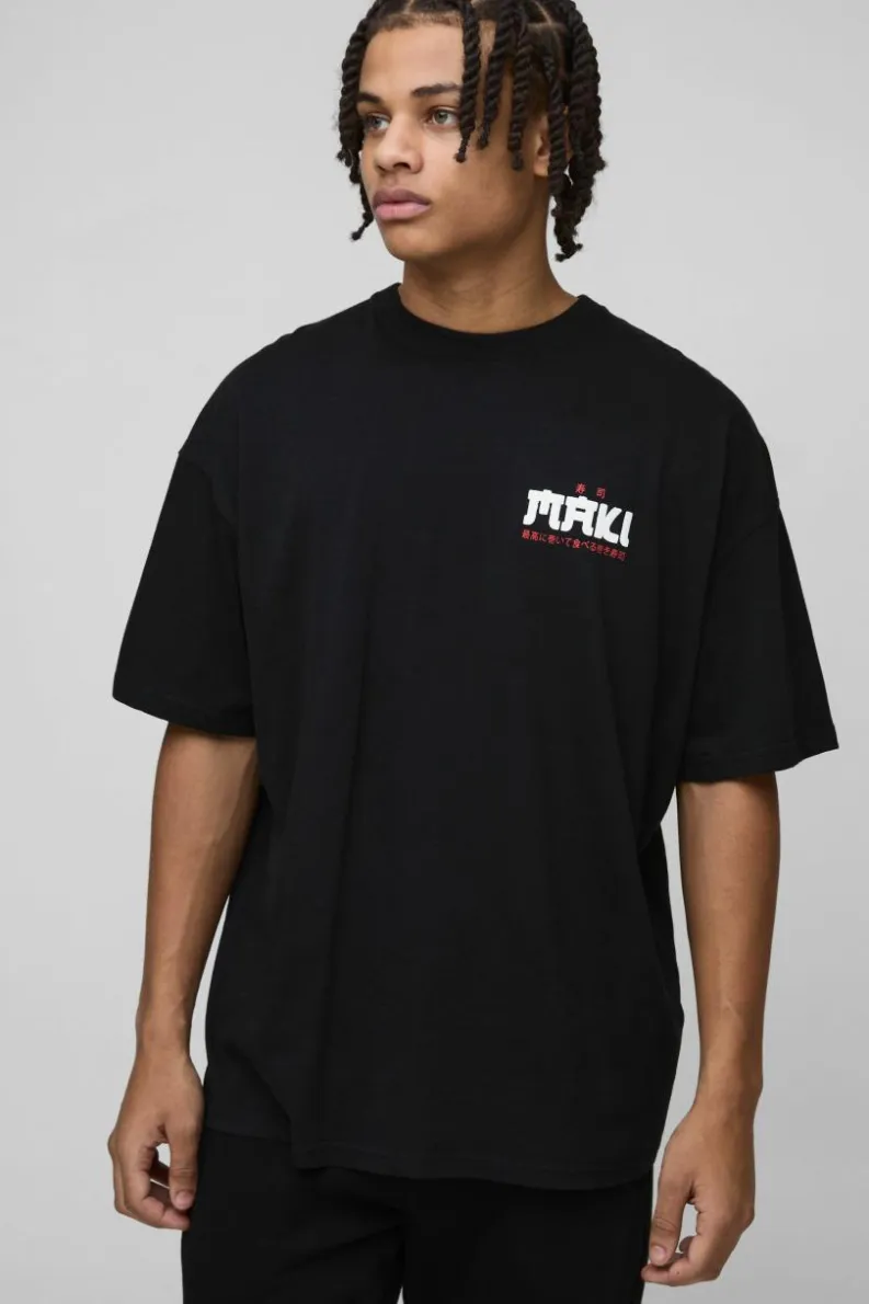 Sale boohooMAN Oversized Sushi Cartoon Print T-Shirt black