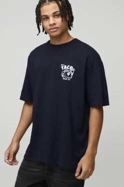 Best Sale boohooMAN Oversized Taco Cartoon Print T-Shirt navy