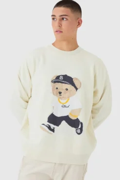 Discount boohooMAN Oversized Teddy Graphic Jumper ecru