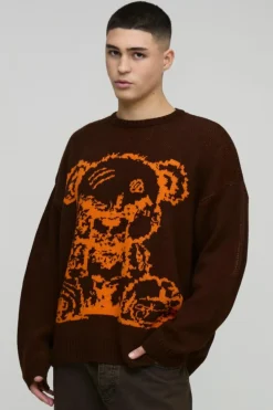 Store boohooMAN Oversized Teddy Graphic Knitted Jumper brown