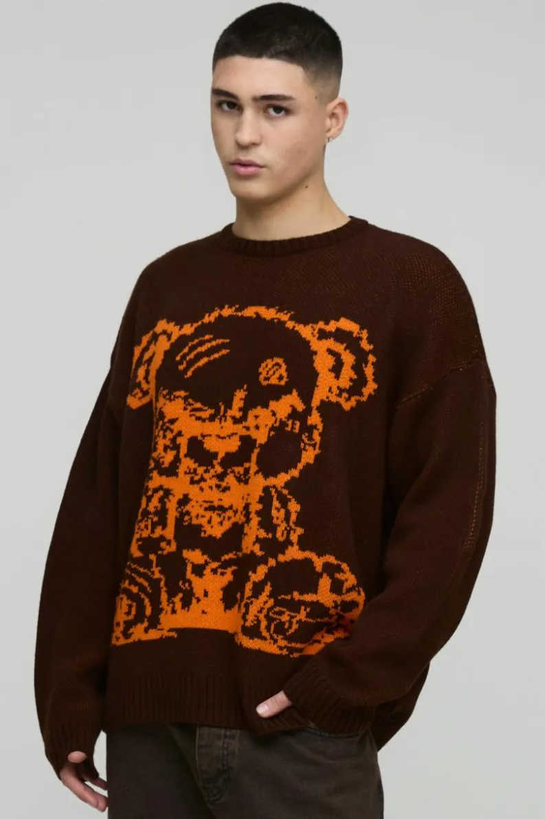 Store boohooMAN Oversized Teddy Graphic Knitted Jumper brown