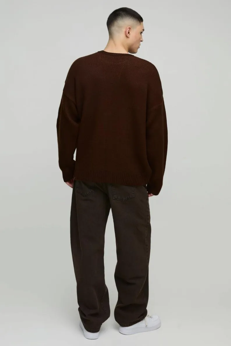 Store boohooMAN Oversized Teddy Graphic Knitted Jumper brown