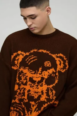 Store boohooMAN Oversized Teddy Graphic Knitted Jumper brown