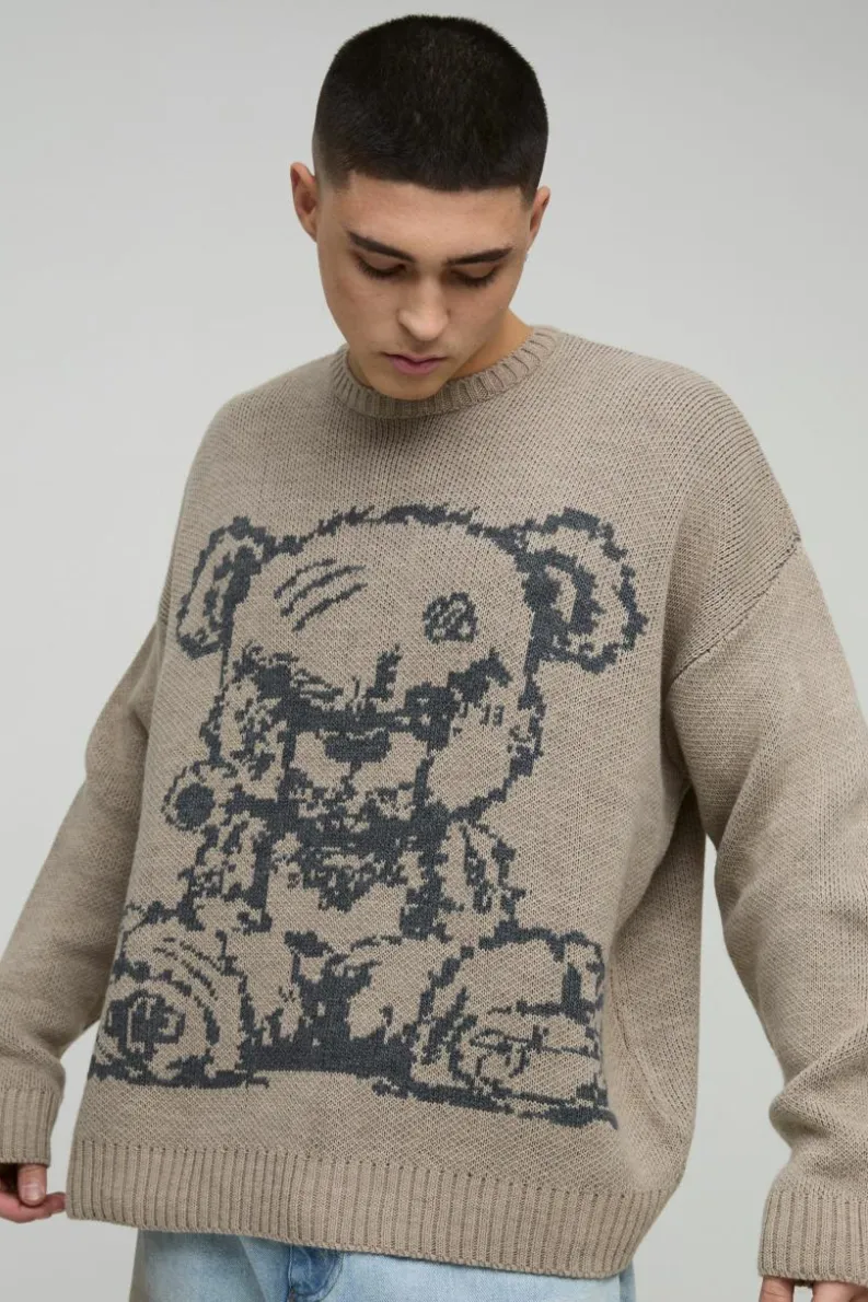 New boohooMAN Oversized Teddy Graphic Knitted Jumper stone
