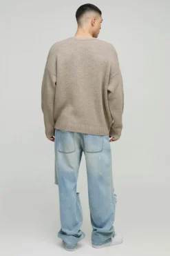 New boohooMAN Oversized Teddy Graphic Knitted Jumper stone