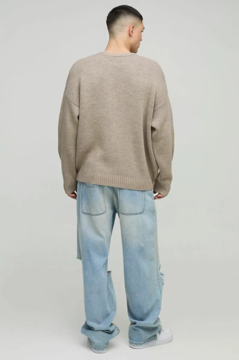 New boohooMAN Oversized Teddy Graphic Knitted Jumper stone