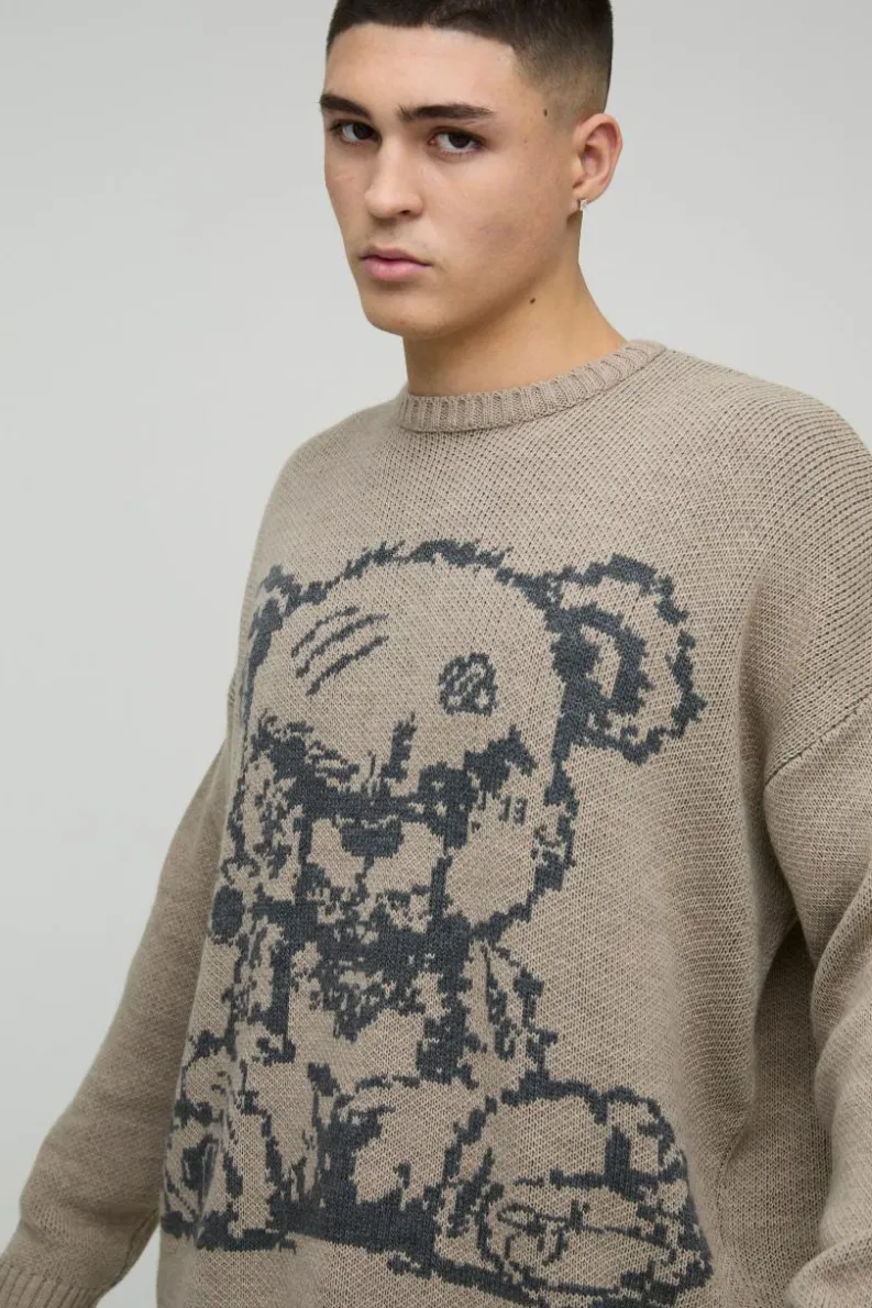 New boohooMAN Oversized Teddy Graphic Knitted Jumper stone