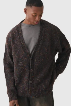 Fashion boohooMAN Oversized Textured Brushed Knitted Cardigan chocolate