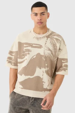 Best boohooMAN Oversized Tonal Scenic Drawing Knitted T-shirt stone