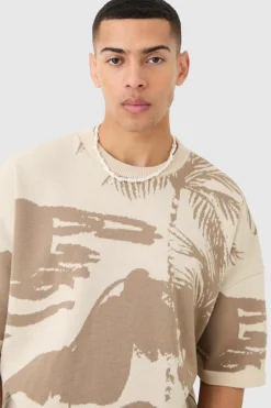Best boohooMAN Oversized Tonal Scenic Drawing Knitted T-shirt stone