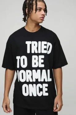 Cheap boohooMAN Oversized Tried To Be Normal Once Slogan Graphic T-Shirt black
