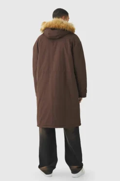 Outlet boohooMAN Oversized Twill Parka With Faux Fur Hood Trim In chocolate