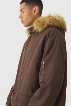 Outlet boohooMAN Oversized Twill Parka With Faux Fur Hood Trim In chocolate