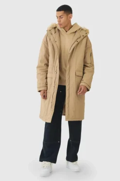 Cheap boohooMAN Oversized Twill Parka With Faux Fur Hood Trim In tan