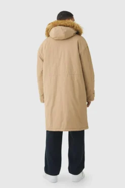 Cheap boohooMAN Oversized Twill Parka With Faux Fur Hood Trim In tan