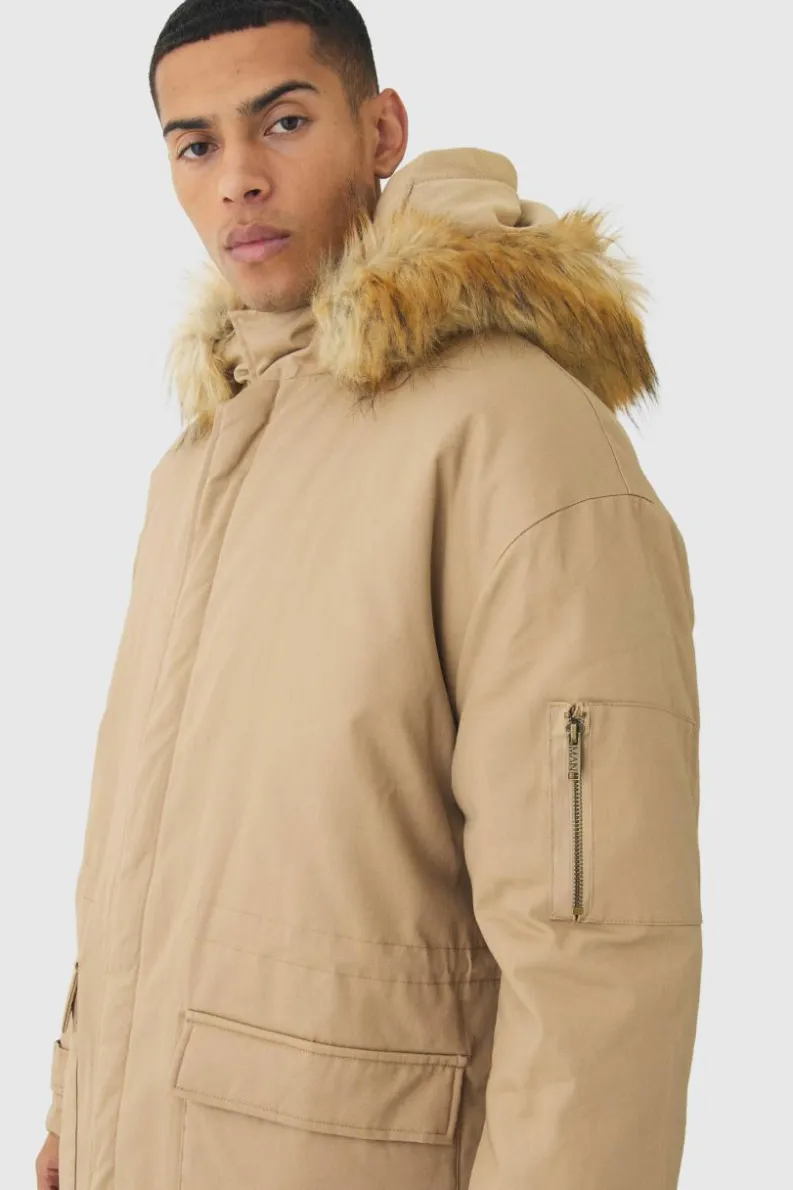 Cheap boohooMAN Oversized Twill Parka With Faux Fur Hood Trim In tan