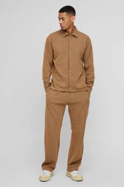 Online boohooMAN Oversized Two-tone Zip Ribbed Jersey Shirt & Straight Jogger Set camel