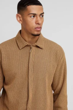 Online boohooMAN Oversized Two-tone Zip Ribbed Jersey Shirt & Straight Jogger Set camel